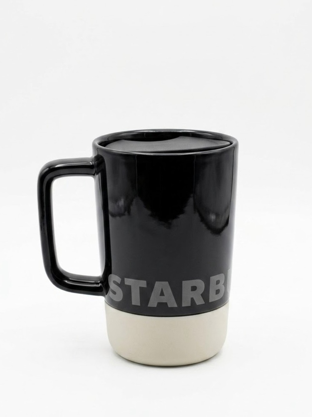 NWT Starbucks Black Ceramic Desktop Travel Mug Cream Silicone Base Wordmark 14oz